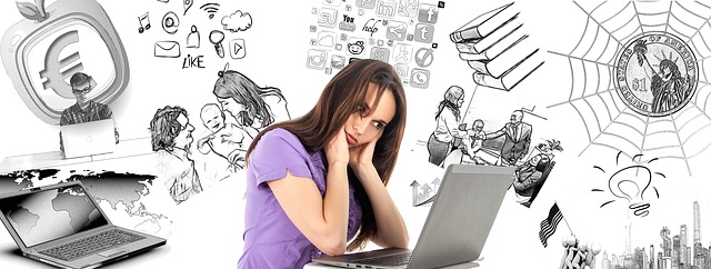 žena, která sedí u počítače, ale je nešťastná, jak se na ní valí problémy a starosti – ty jsou vyobrazené okolo ní.jpg